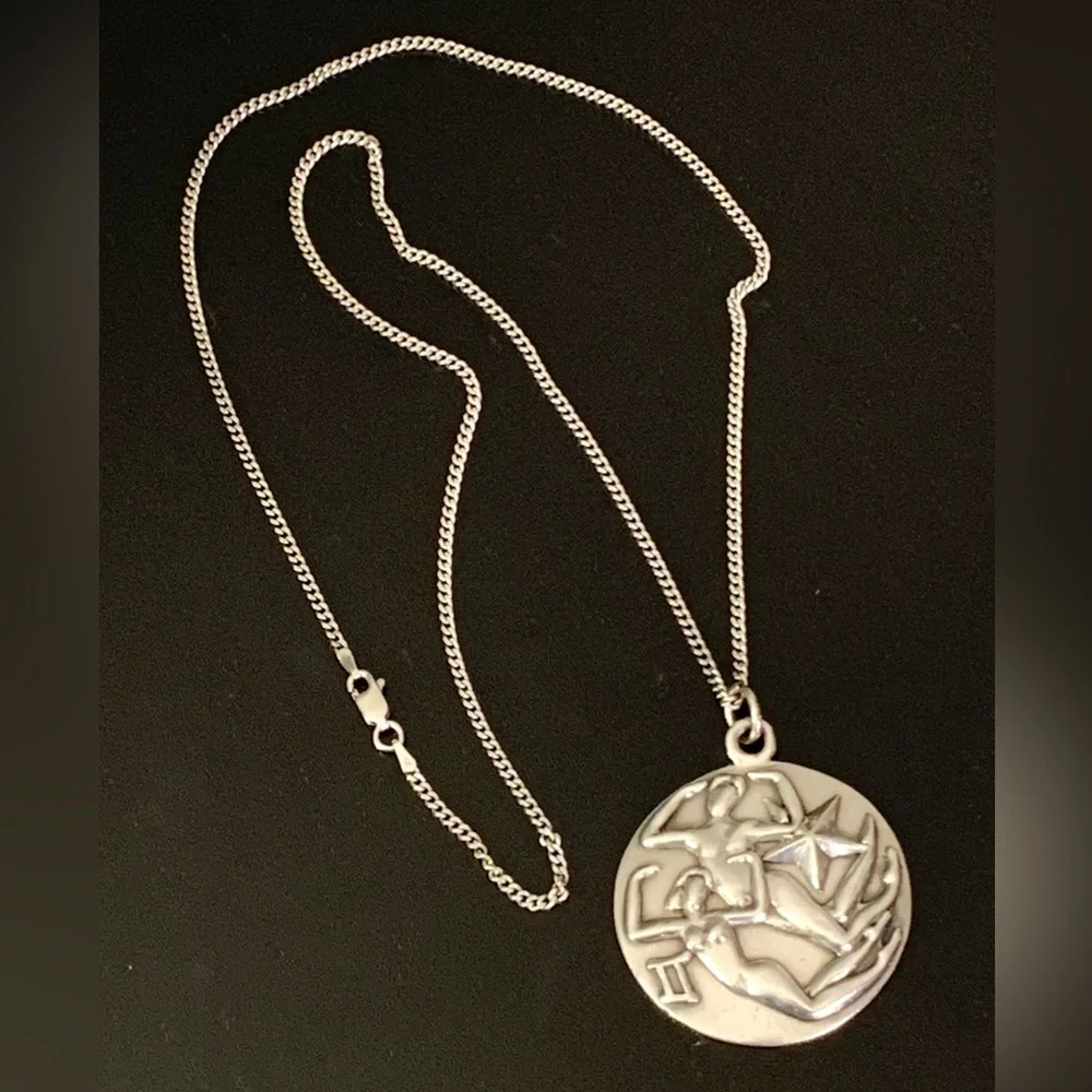Vintage 1950s Margot De Taxco Zodiac Sterling Silver Gemini Pendant Necklace 24” - Picture 3 of 15
